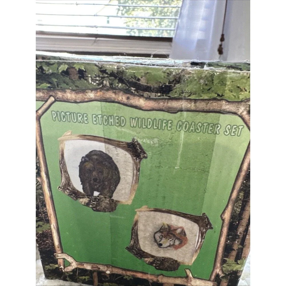 vintage picture-etched wildlife coaster set Bear,Eagle,Deer,Wolf New